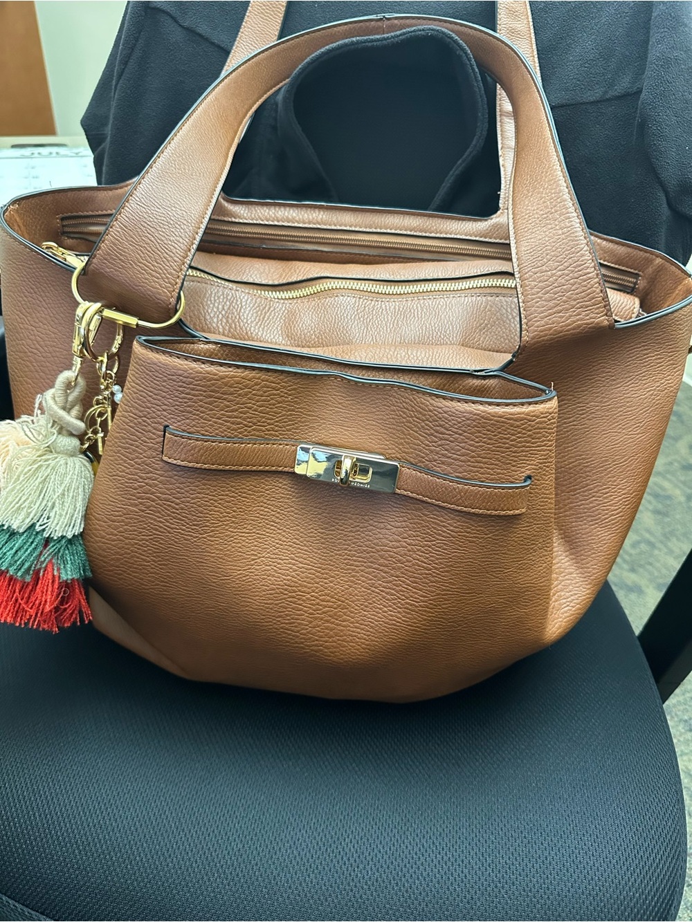 Poppy & Peonies Chestnut Brown Pebbled Tote with Tassel Charm